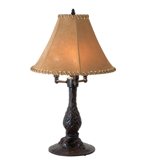 Meyda Lighting 14" 3-Light Mahogany Bronze Chamers Table Lamp With Brown Tan Faux Leather Shade