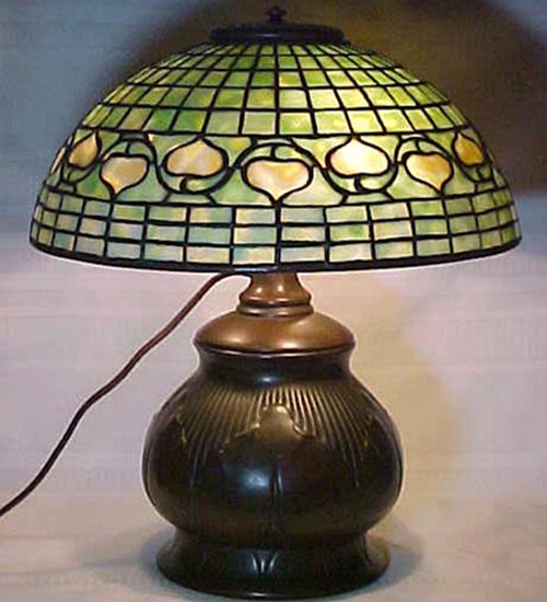 Meyda Lighting 14" 3-Light Original Antique Tiffany Acorn Table Lamp With Tobacco Leaf Shade Glass