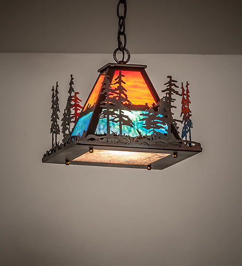 Meyda Lighting 14" Dark Burnished Antique Copper Pendant Light With Multi-Colored Shade Glass