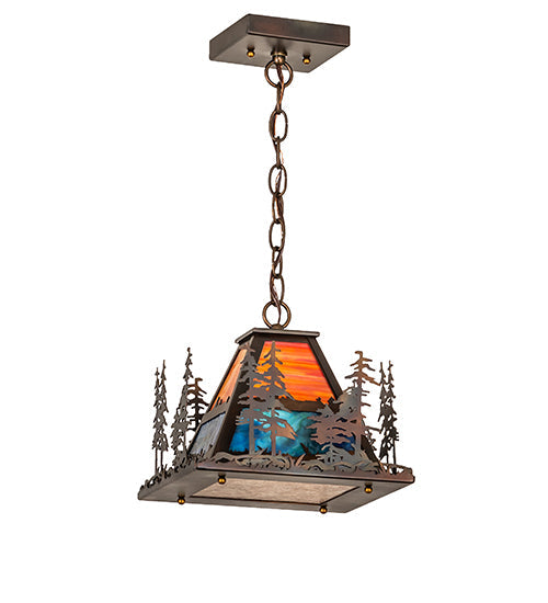 Meyda Lighting 14" Dark Burnished Antique Copper Pendant Light With Multi-Colored Shade Glass