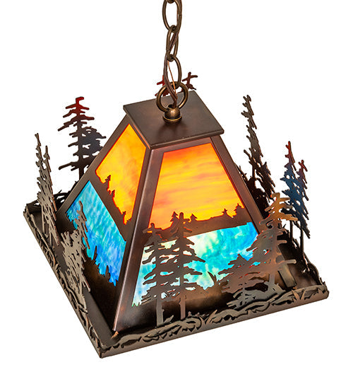 Meyda Lighting 14" Dark Burnished Antique Copper Pendant Light With Multi-Colored Shade Glass