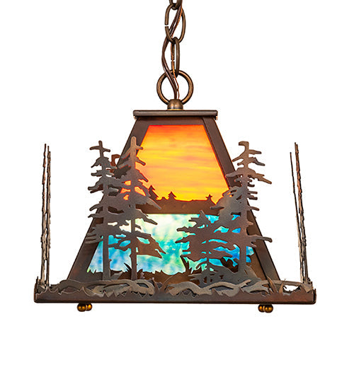 Meyda Lighting 14" Dark Burnished Antique Copper Pendant Light With Multi-Colored Shade Glass