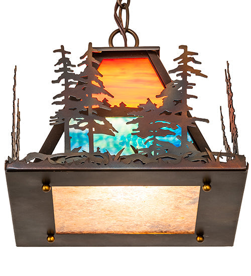 Meyda Lighting 14" Dark Burnished Antique Copper Pendant Light With Multi-Colored Shade Glass