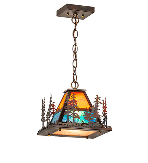 Meyda Lighting 14" Dark Burnished Antique Copper Pendant Light With Multi-Colored Shade Glass