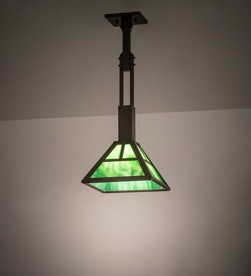 Meyda Lighting 14" Timeless Bronze "T" Mission Pendant Light With Green Art Shade Glass