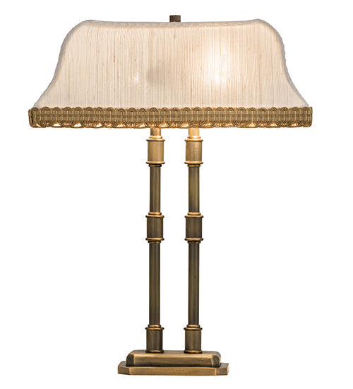 Meyda Lighting 16" 2-Light Antique Brass Templeton Brass Table Lamp With White Textrene Shade