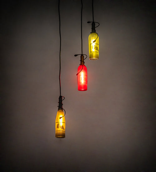 Meyda Lighting 16" 3-Light Textured Black Pendant Light With Multi-Colored Wine Bottle Shade Glass