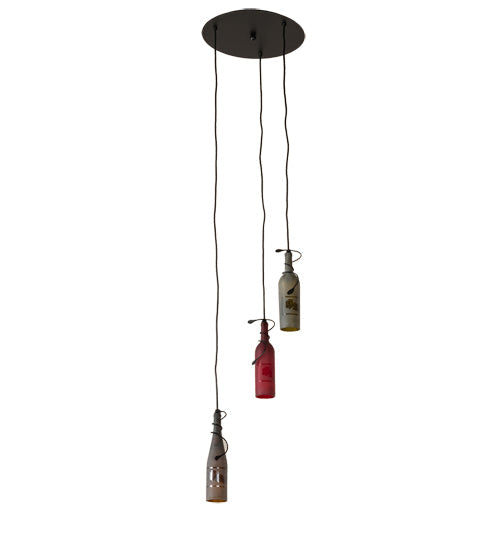 Meyda Lighting 16" 3-Light Textured Black Pendant Light With Multi-Colored Wine Bottle Shade Glass