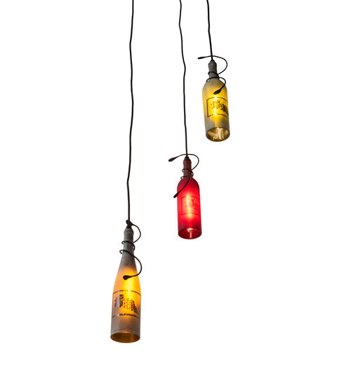 Meyda Lighting 16" 3-Light Textured Black Pendant Light With Multi-Colored Wine Bottle Shade Glass
