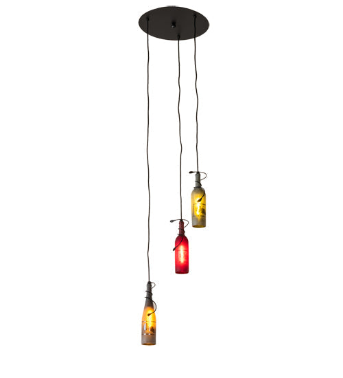 Meyda Lighting 16" 3-Light Textured Black Pendant Light With Multi-Colored Wine Bottle Shade Glass