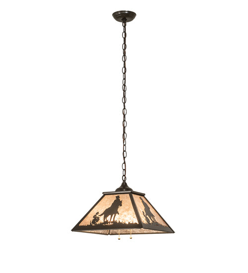 Meyda Lighting 23" Timeless Bronze Cowboy Pendant Light With Silver Mica Shade Glass