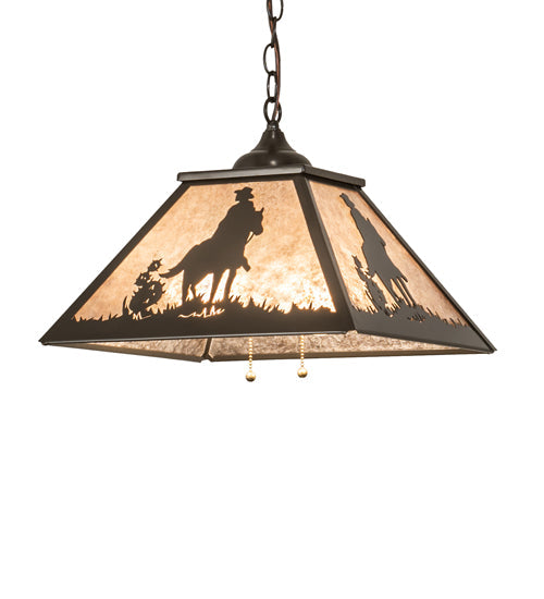 Meyda Lighting 23" Timeless Bronze Cowboy Pendant Light With Silver Mica Shade Glass
