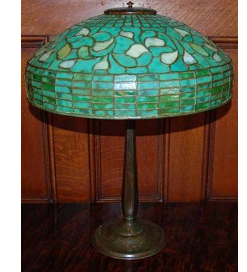 Meyda Lighting 24" 3-Light Original Antique Tiffany Turning Leaf Table Lamp With Green Leaf Shade Glass