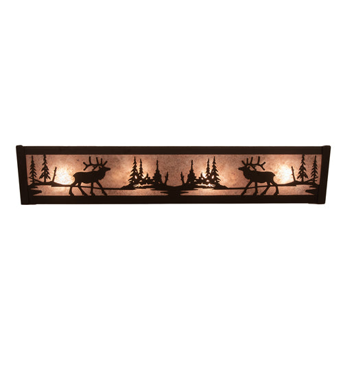 Meyda Lighting 24" 4-Light Oil Rubbed Bronze Elk at Lake Vanity Light With Silver Mica Shade Glass