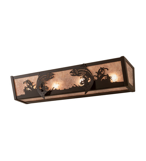 Meyda Lighting 24" 4-Light Oil Rubbed Bronze Leaping Trout Vanity Light With Silver Mica Shade Glass