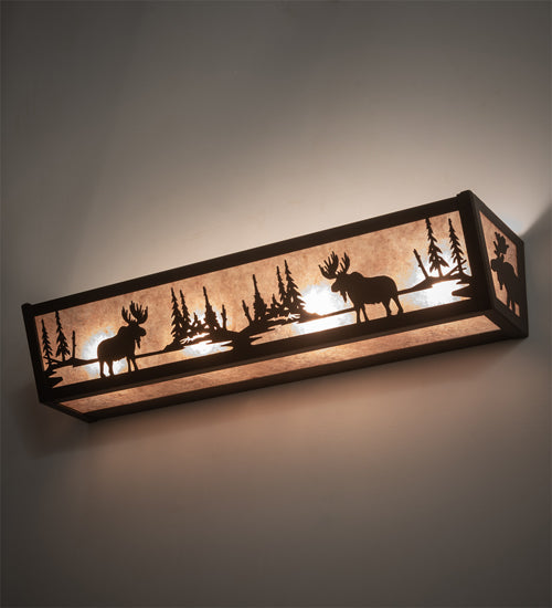 Meyda Lighting 24" 4-Light Oil Rubbed Bronze Moose at Lake Vanity Light With Silver Mica Shade Glass