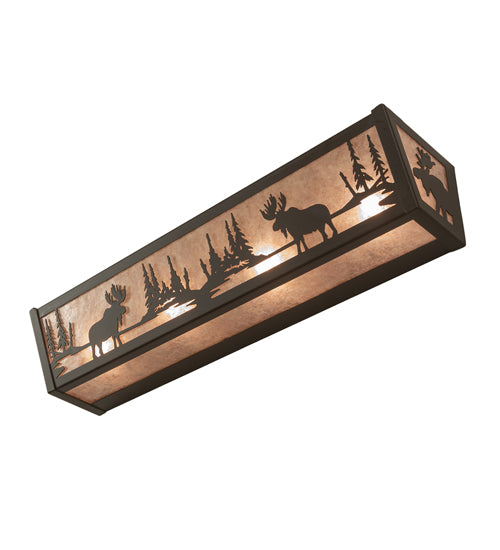 Meyda Lighting 24" 4-Light Oil Rubbed Bronze Moose at Lake Vanity Light With Silver Mica Shade Glass