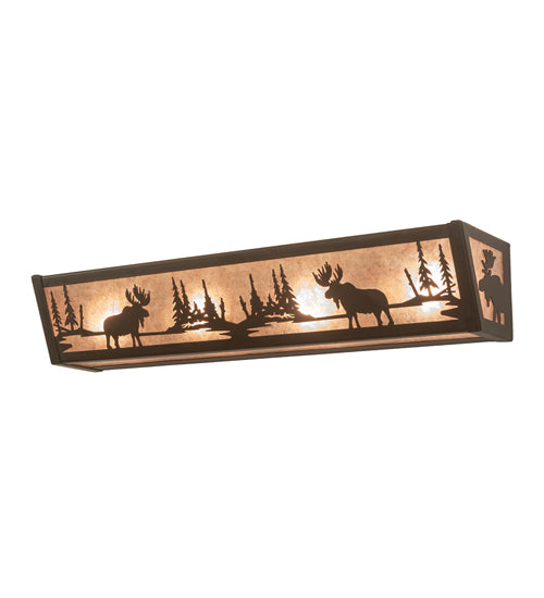 Meyda Lighting 24" 4-Light Oil Rubbed Bronze Moose at Lake Vanity Light With Silver Mica Shade Glass