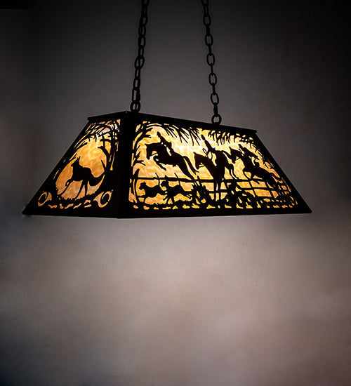 Meyda Lighting 33" 6-Light Oil Rubbed Bronze Fox Hunt Island Pendant Light With Beige Art Shade Glass