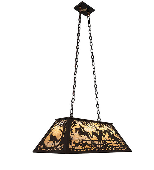 Meyda Lighting 33" 6-Light Oil Rubbed Bronze Fox Hunt Island Pendant Light With Beige Art Shade Glass