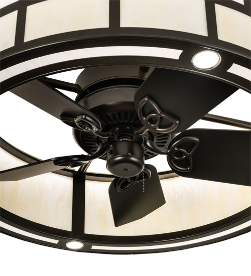 Meyda Lighting 37" 5-Light Timeless Bronze "T" Mission Chandelier With Beige Botticino Idalight Shade and Fan