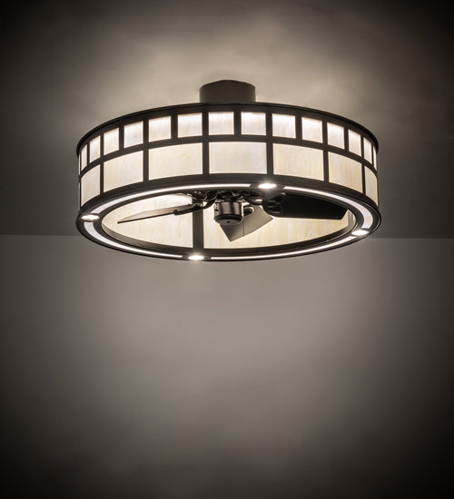 Meyda Lighting 37" 5-Light Timeless Bronze "T" Mission Chandelier With Beige Botticino Idalight Shade and Fan