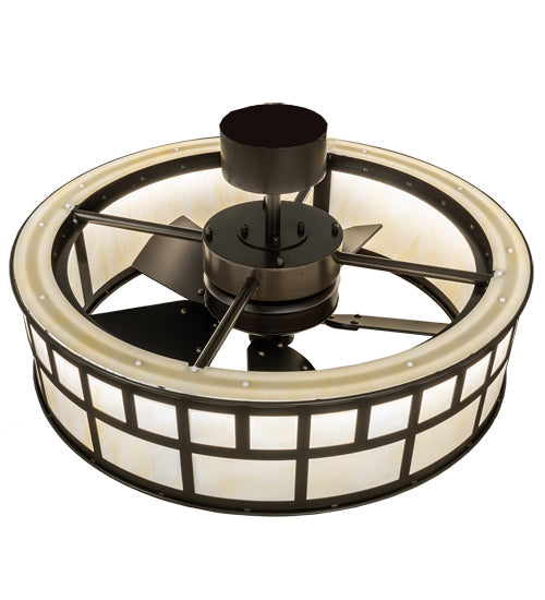 Meyda Lighting 37" 5-Light Timeless Bronze "T" Mission Chandelier With Beige Botticino Idalight Shade and Fan