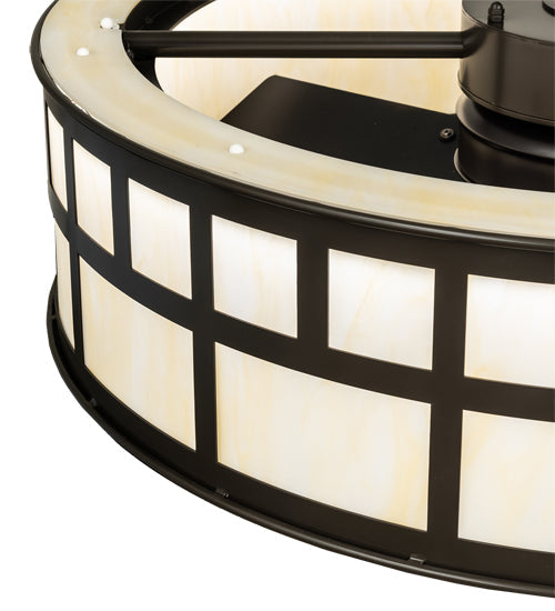 Meyda Lighting 37" 5-Light Timeless Bronze "T" Mission Chandelier With Beige Botticino Idalight Shade and Fan