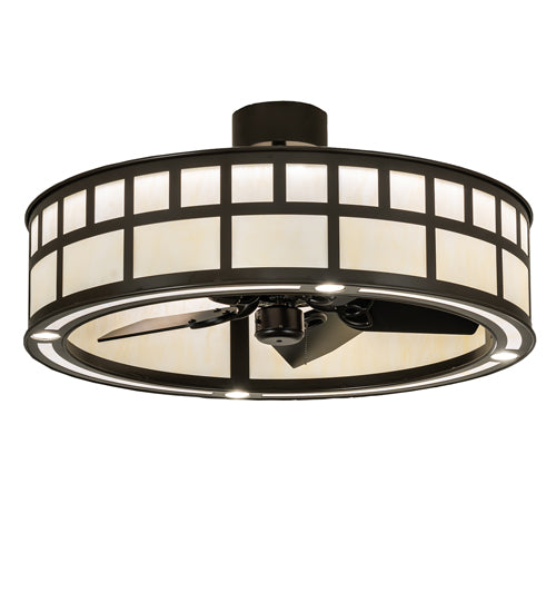 Meyda Lighting 37" 5-Light Timeless Bronze "T" Mission Chandelier With Beige Botticino Idalight Shade and Fan