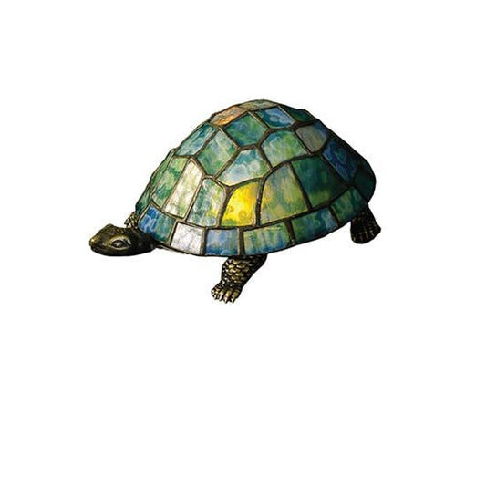 Meyda Lighting 4" Mahogany Bronze Turtle Table Lamp With Green & Blue Shade Glass