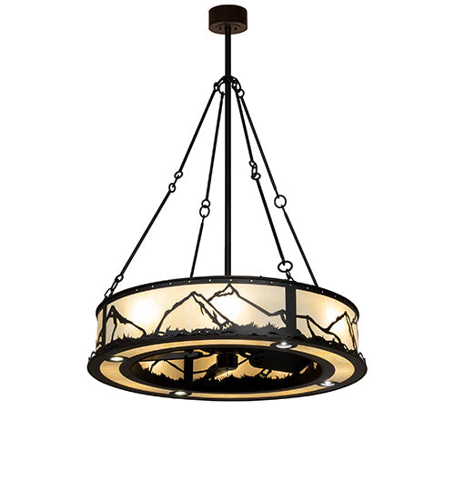 Meyda Lighting 45" 12-Light Oil Rubbed Bronze Mountain Range Chandelier With Creme Carrara Idalight Shade and Fan