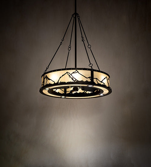 Meyda Lighting 45" 12-Light Oil Rubbed Bronze Mountain Range Chandelier With Creme Carrara Idalight Shade and Fan