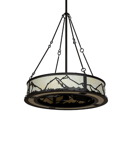 Meyda Lighting 45" 12-Light Oil Rubbed Bronze Mountain Range Chandelier With Creme Carrara Idalight Shade and Fan