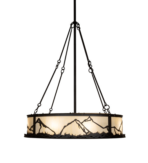Meyda Lighting 45" 12-Light Oil Rubbed Bronze Mountain Range Chandelier With Creme Carrara Idalight Shade and Fan