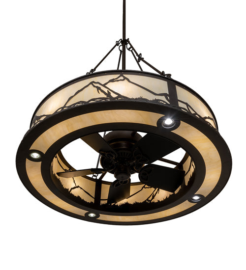 Meyda Lighting 45" 12-Light Oil Rubbed Bronze Mountain Range Chandelier With Creme Carrara Idalight Shade and Fan
