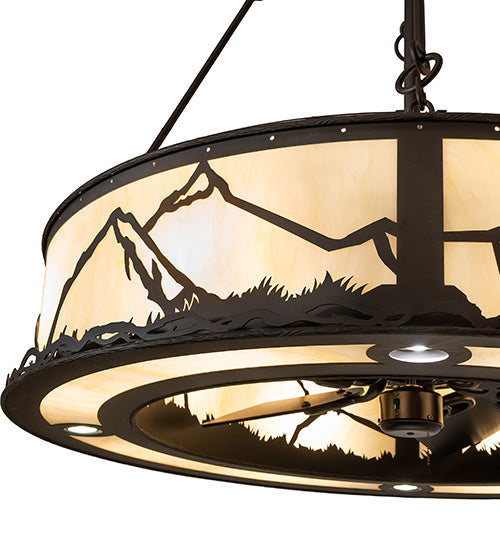 Meyda Lighting 45" 12-Light Oil Rubbed Bronze Mountain Range Chandelier With Creme Carrara Idalight Shade and Fan