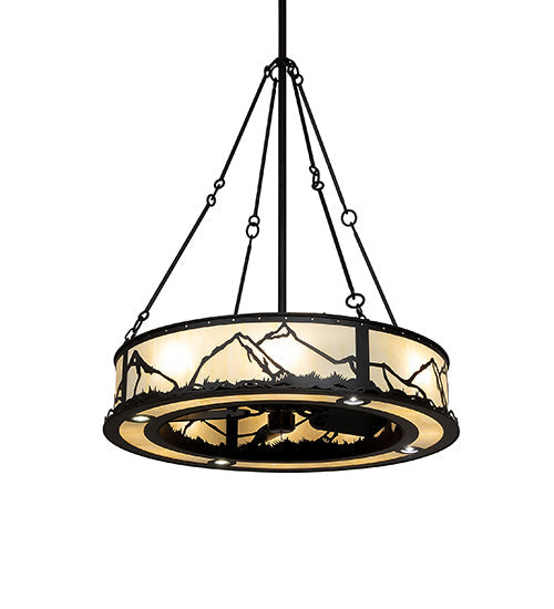 Meyda Lighting 45" 12-Light Oil Rubbed Bronze Mountain Range Chandelier With Creme Carrara Idalight Shade and Fan