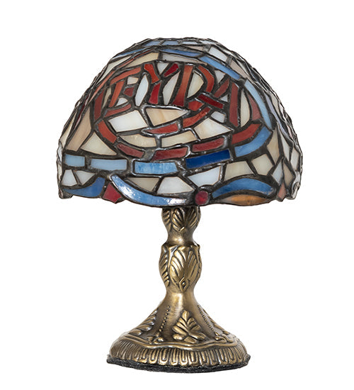 Meyda Lighting 5" Antique Brass Meyda Micro Mini Table Lamp With Multi-Colored Stained Shade Glass