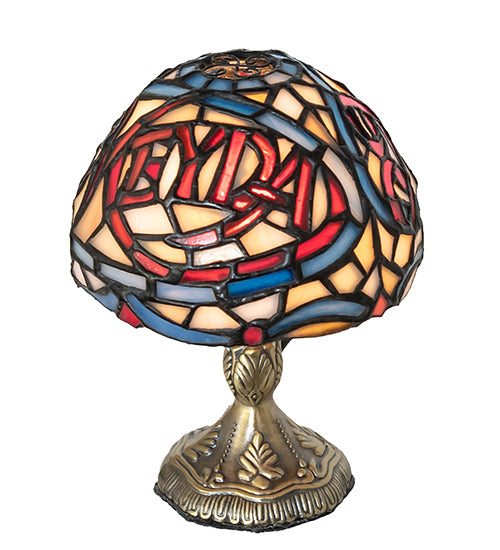 Meyda Lighting 5" Antique Brass Meyda Micro Mini Table Lamp With Multi-Colored Stained Shade Glass