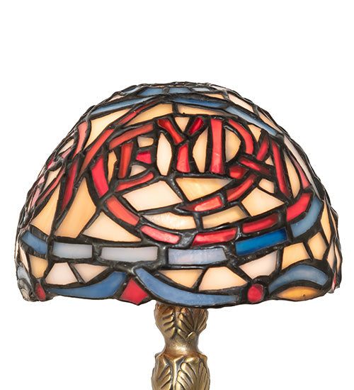 Meyda Lighting 5" Antique Brass Meyda Micro Mini Table Lamp With Multi-Colored Stained Shade Glass