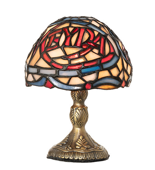 Meyda Lighting 5" Antique Brass Meyda Micro Mini Table Lamp With Multi-Colored Stained Shade Glass