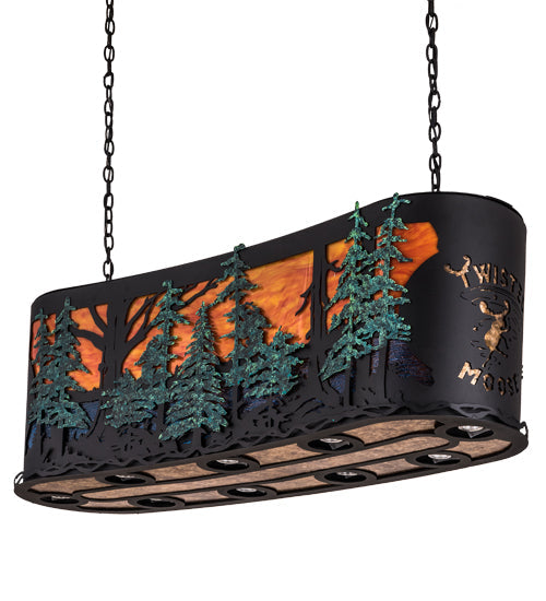 Meyda Lighting 54" 14-Light Textured Black & Green Trees Twisted Moose Island Curved Pendant Light With Multi-Colored Shade Glass