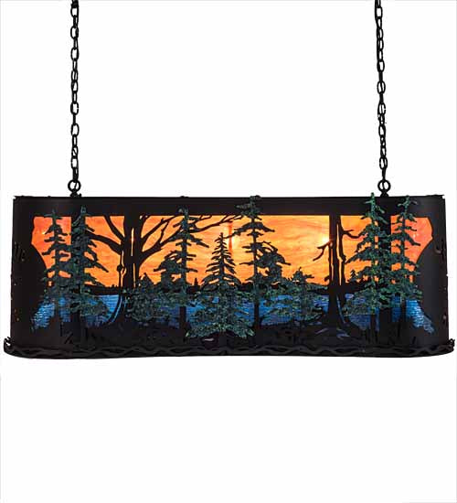 Meyda Lighting 54" 14-Light Textured Black & Green Trees Twisted Moose Island Curved Pendant Light With Multi-Colored Shade Glass