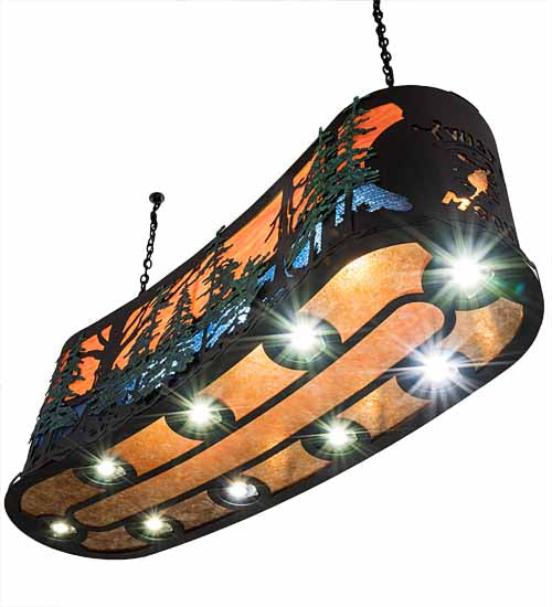 Meyda Lighting 54" 14-Light Textured Black & Green Trees Twisted Moose Island Curved Pendant Light With Multi-Colored Shade Glass