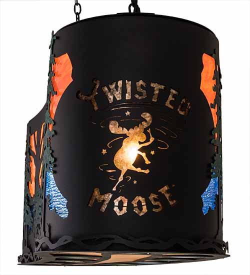 Meyda Lighting 54" 14-Light Textured Black & Green Trees Twisted Moose Island Curved Pendant Light With Multi-Colored Shade Glass
