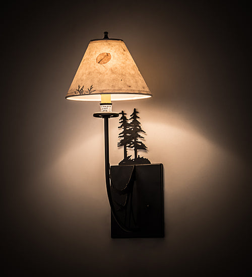 Meyda Lighting 8" Satin Black Wrought Iron Pressed Foliage Tall Pines Wall Sconce With Beige Fabric Shade