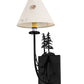 Meyda Lighting 8" Satin Black Wrought Iron Pressed Foliage Tall Pines Wall Sconce With Beige Fabric Shade