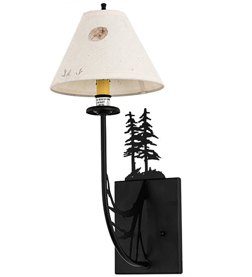 Meyda Lighting 8" Satin Black Wrought Iron Pressed Foliage Tall Pines Wall Sconce With Beige Fabric Shade