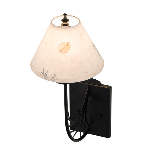 Meyda Lighting 8" Satin Black Wrought Iron Pressed Foliage Tall Pines Wall Sconce With Beige Fabric Shade