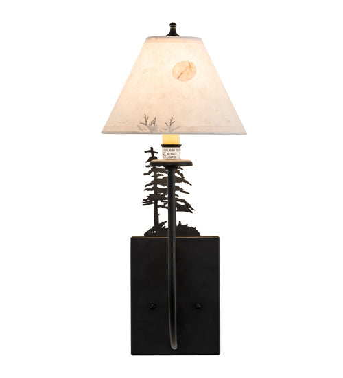 Meyda Lighting 8" Satin Black Wrought Iron Pressed Foliage Tall Pines Wall Sconce With Beige Fabric Shade